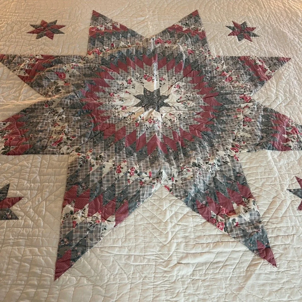 VTG quilt Lone Star Patchwork Quilt Pink Blue Floral Farmhouse Bedding 81